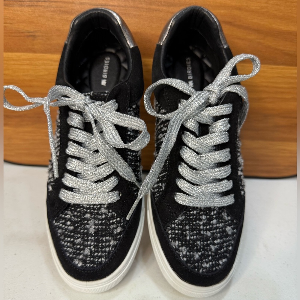 Birdies NWOT Black Tweed & Suede Sneakers Silver Trim Size 7.5
